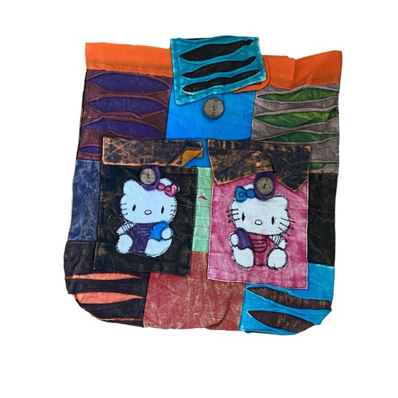 HELLO Kitty style burlap Kantha bohemian patchwork knapsack backpack Large - Picture 9 of 16